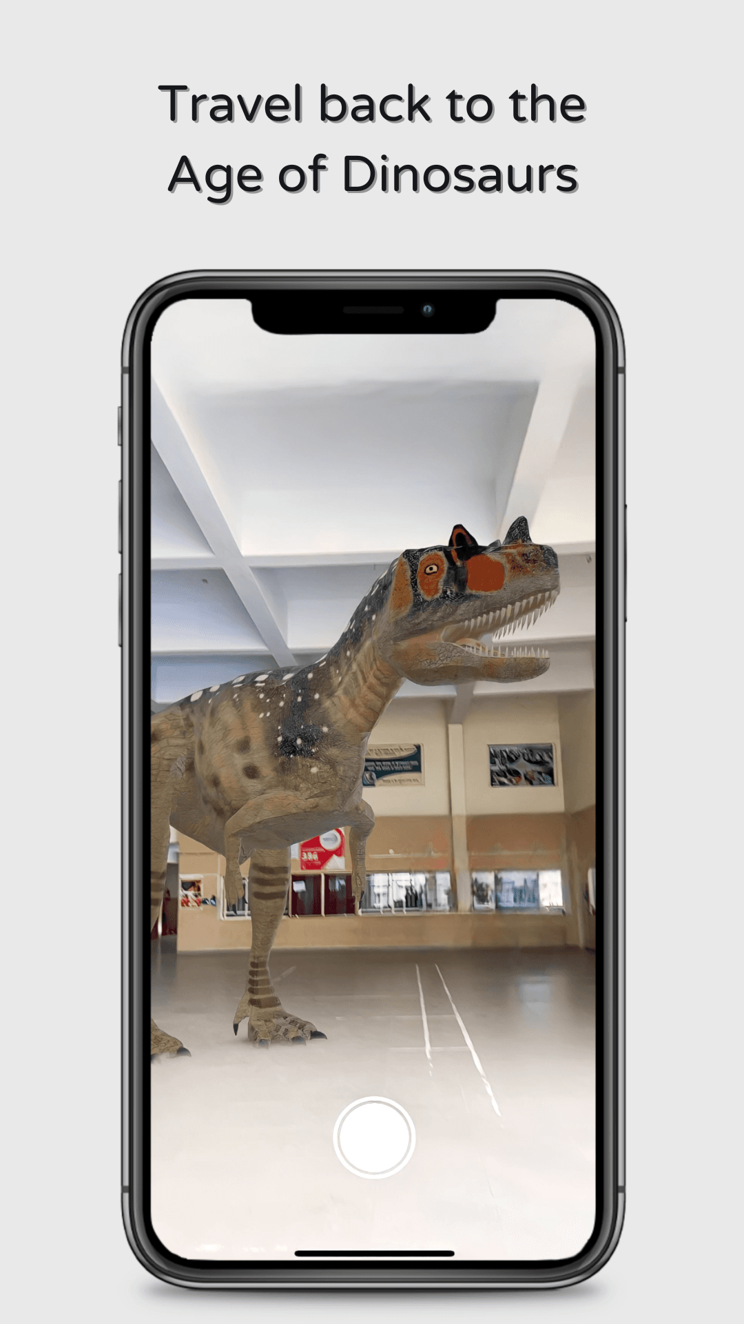 A dinosaur standing in a school corridor, seen in AR