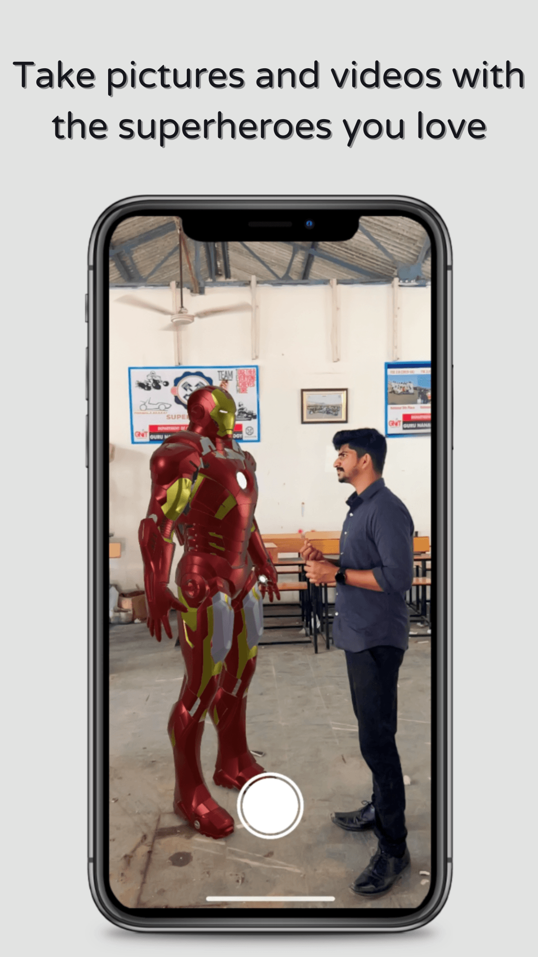 A person posing next to Iron Man in AR