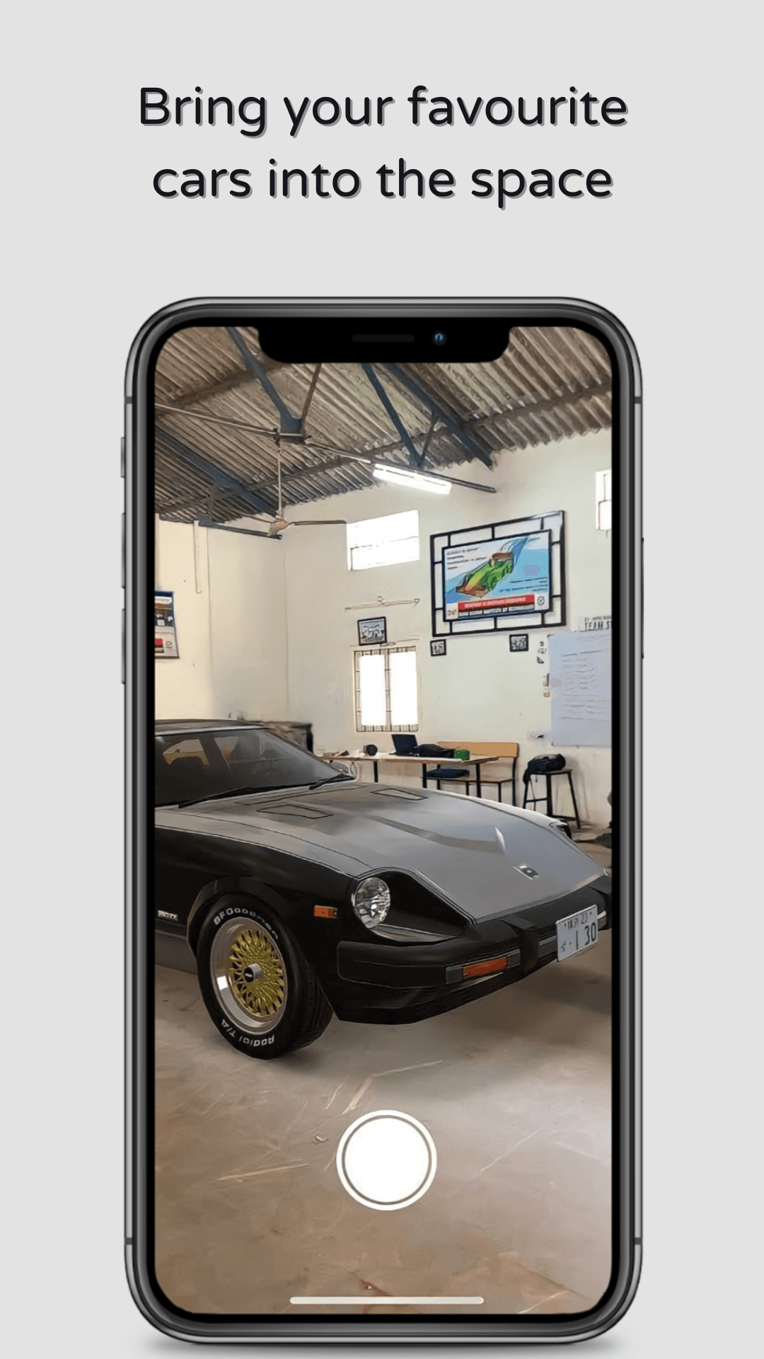 A classic car parked indoors in AR